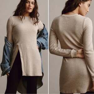 Anthropologie Self Contrast Split Tunic Sweater Size XL Beige Metallic Neutral